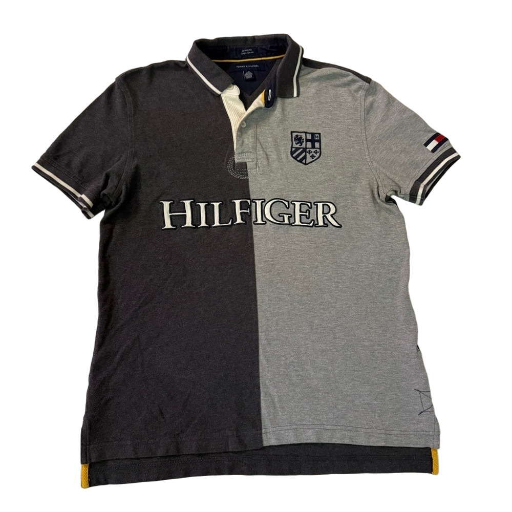 Vintage Y2K Tommy Hilfiger men’s blue gray color block collared polo shirts M